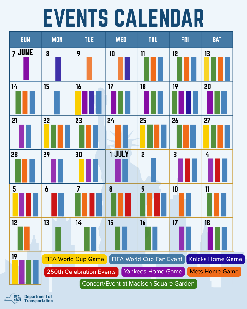 A calendar titled "Increase In Visitors" that displays dates from June 11, 2026 - July 19, 2026. Each date on the calendar has one or multiple colored icons to indicate when events are occurring.
