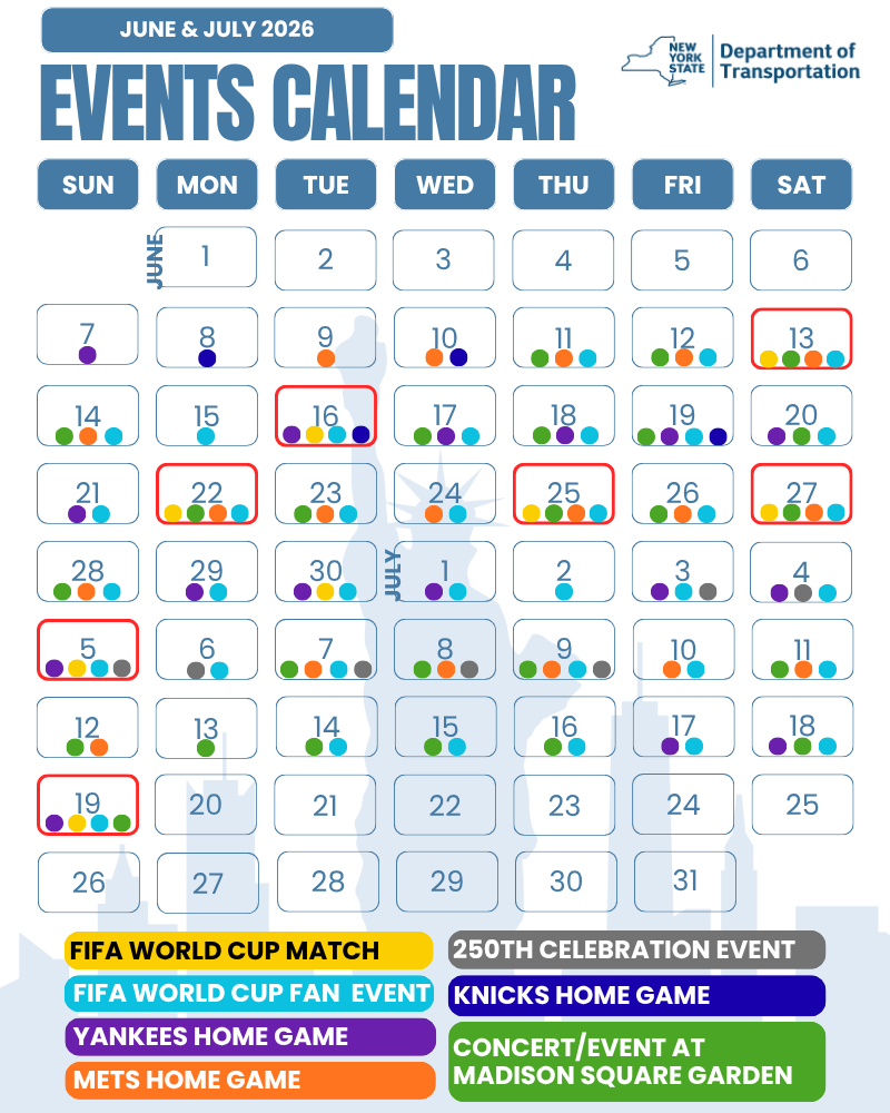 A calendar titled "Events Calendar" that displays dates from June - July 2026. Each date on the calendar has one or multiple colored icons to indicate when events are occurring.