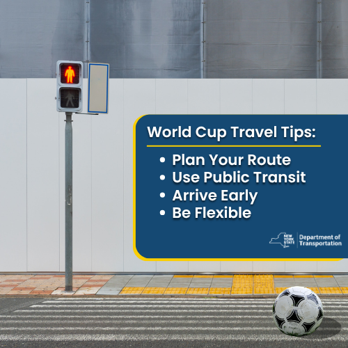 A city street with a crosswalk and a soccer ball, and with text providing four travel tips.